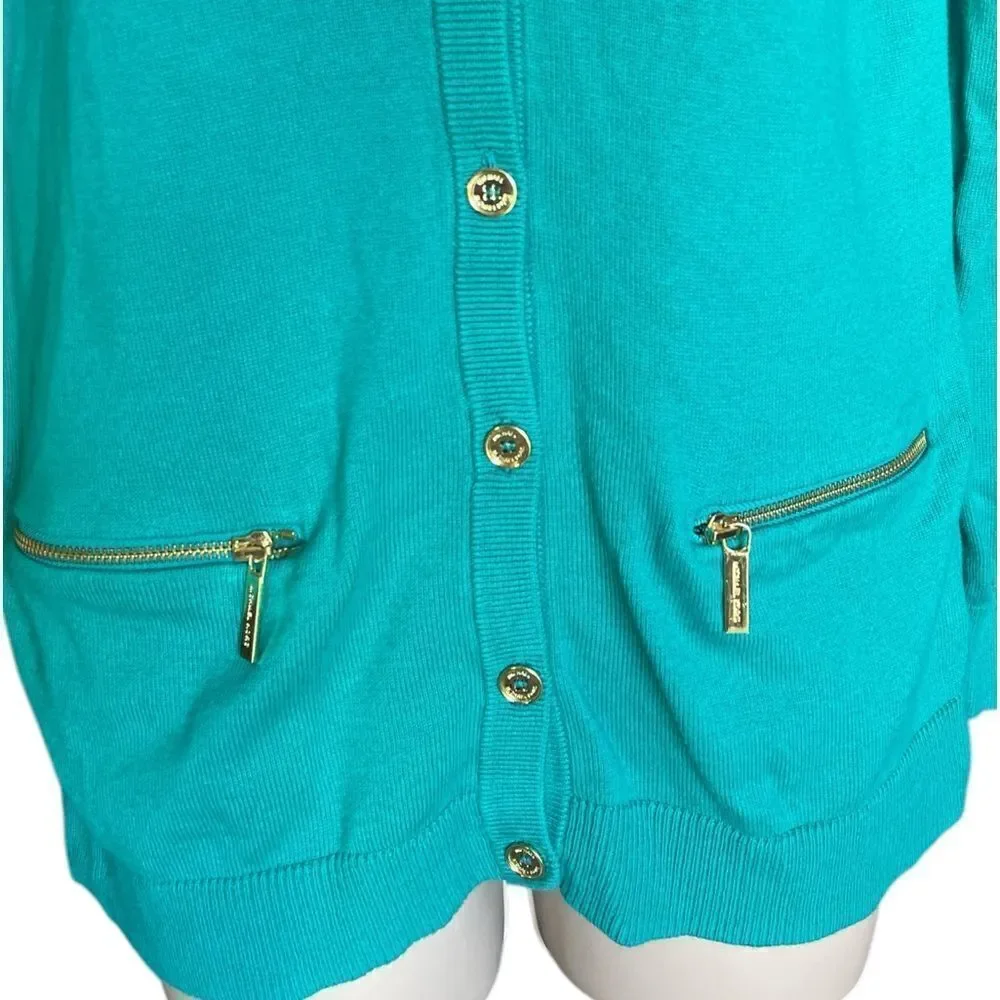 Michael Kors Vneck cardigan turquoise. Gold Hardware And Zipper Pockets knit M